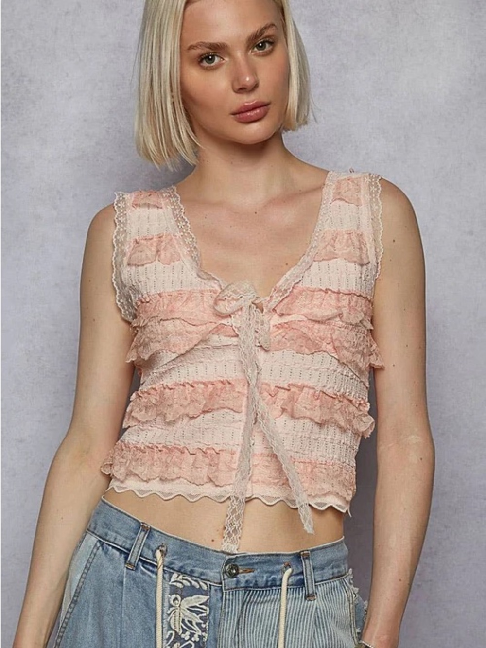 POL Blush Pink Crochet Ruffle Tie-Front Camisole